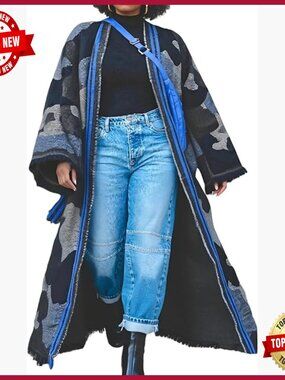 Open Front Cardigan Chunky Cable Knit Shawl Fringed Sweater Coat